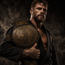 Man in a black robe holding a championship belt against a dark background