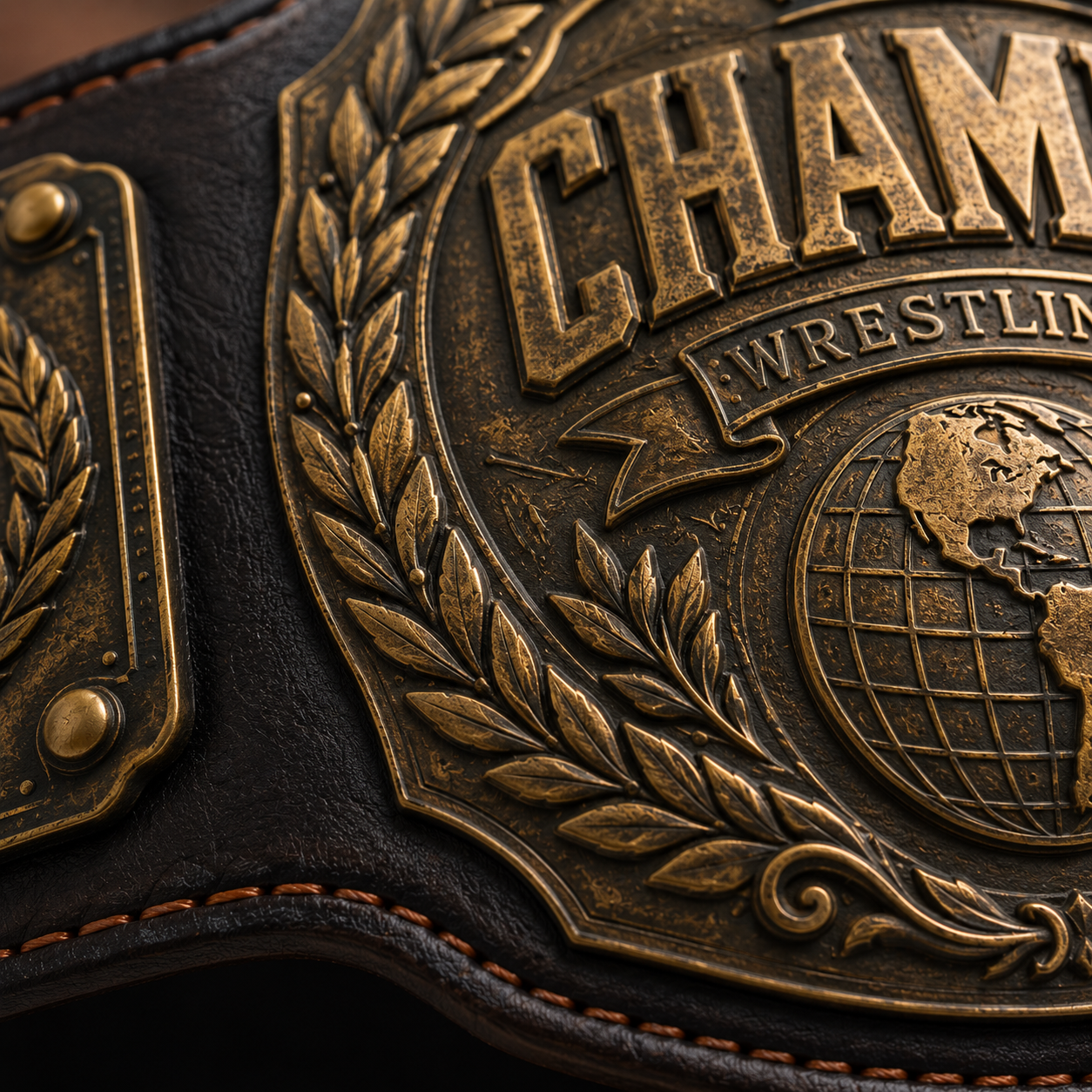 Close-up of a championship wrestling belt with detailed engraving.