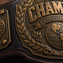 Close-up of a championship wrestling belt with detailed engraving.