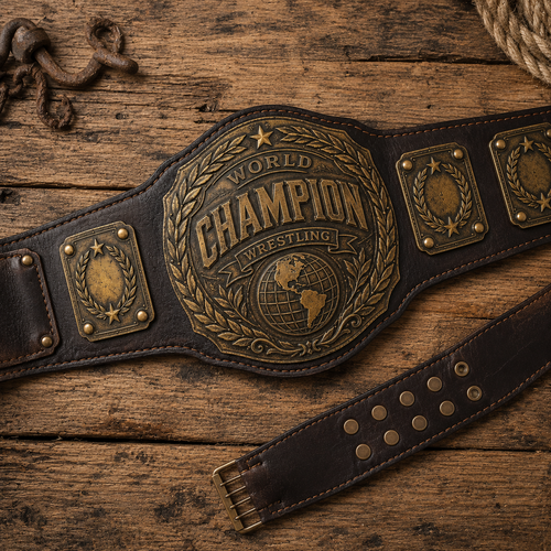 Wrestling championship belt on a wooden surface