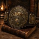 World Champion wrestling belt on an old book with a warm, vintage background.
