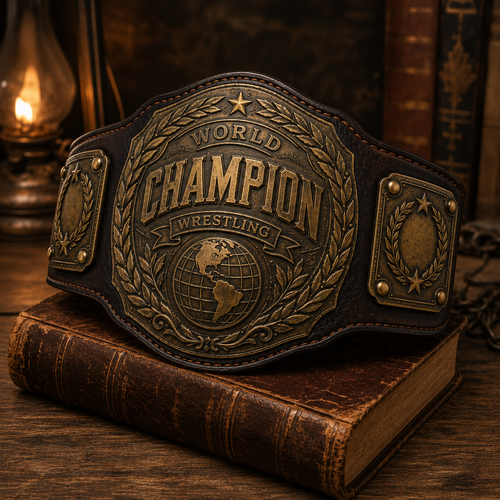 World Champion wrestling belt on an old book with a warm, vintage background.