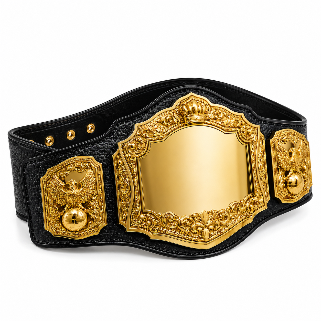 Black championship belt with gold medallion on a white background