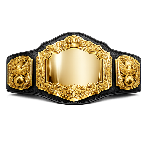 Gold championship belt with black leather straps on a white background