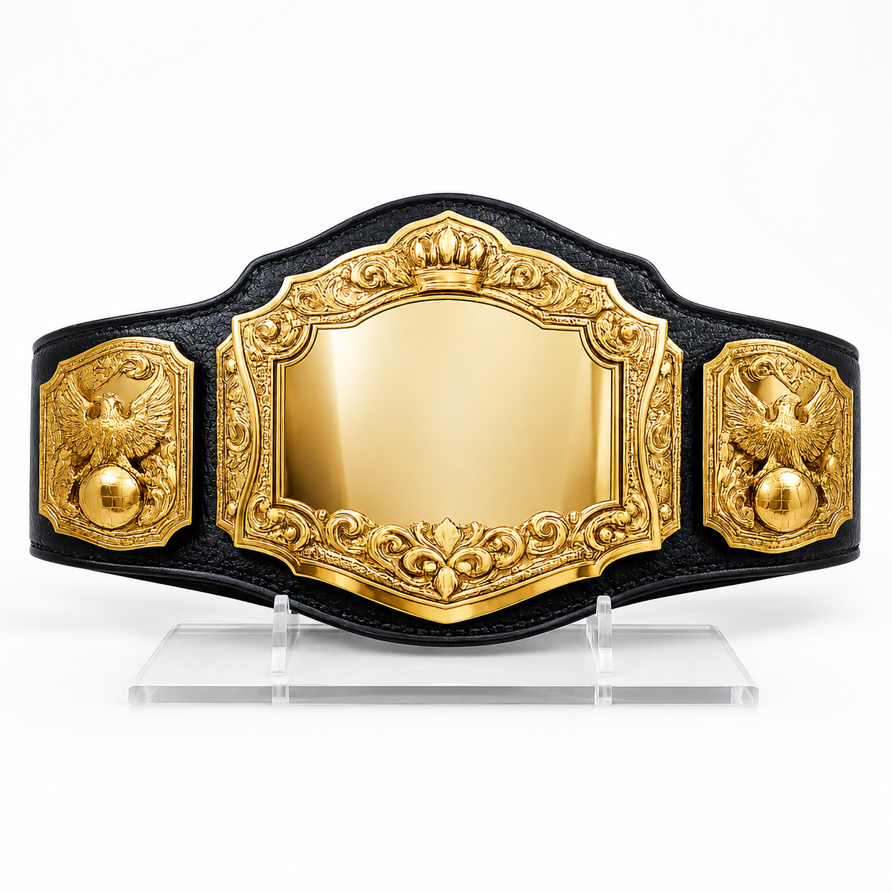 Black and gold championship belt on a white background