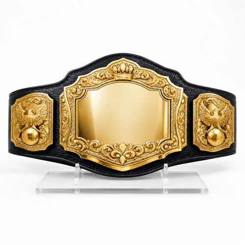Black and gold championship belt on a white background