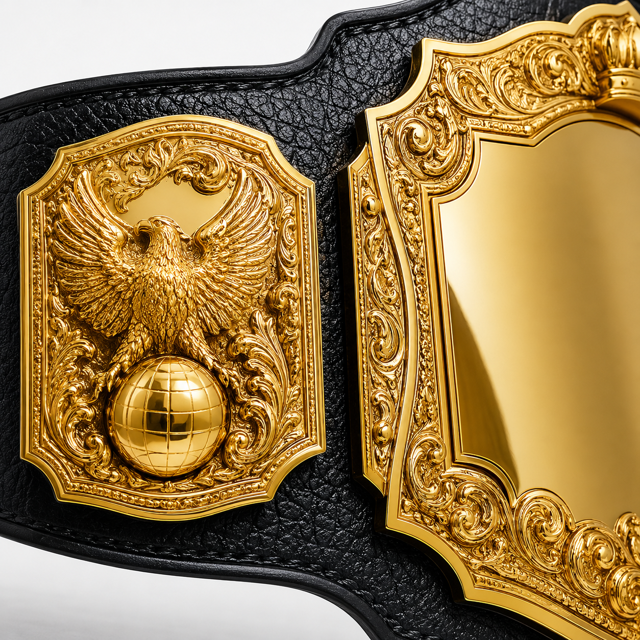 Decorative belt buckle with gold eagle emblem and globe on black leather strap