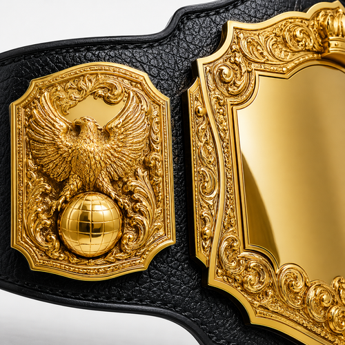 Decorative belt buckle with gold eagle emblem and globe on black leather strap