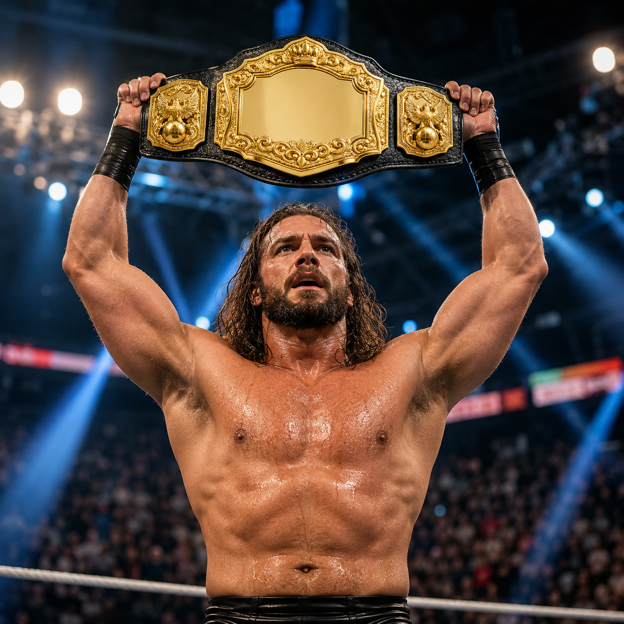 Wrestler holding a championship belt in a wrestling ring with lights and crowd in the background
