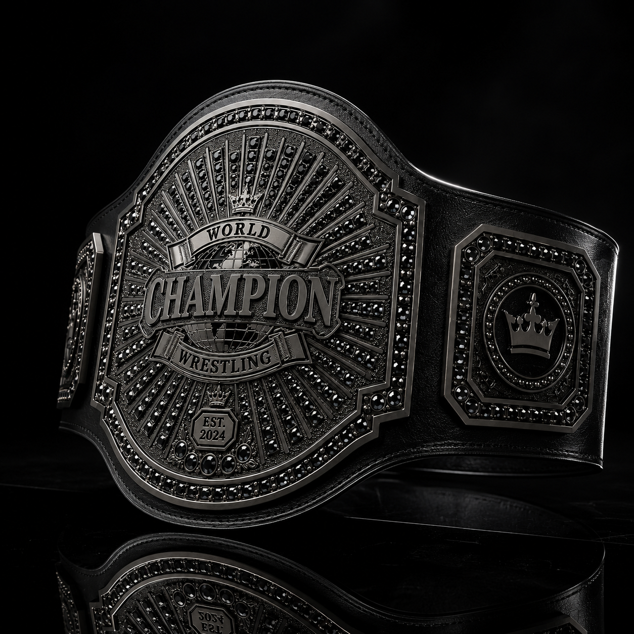 Black championship belt with 'World Champion Wrestling' text on a black background