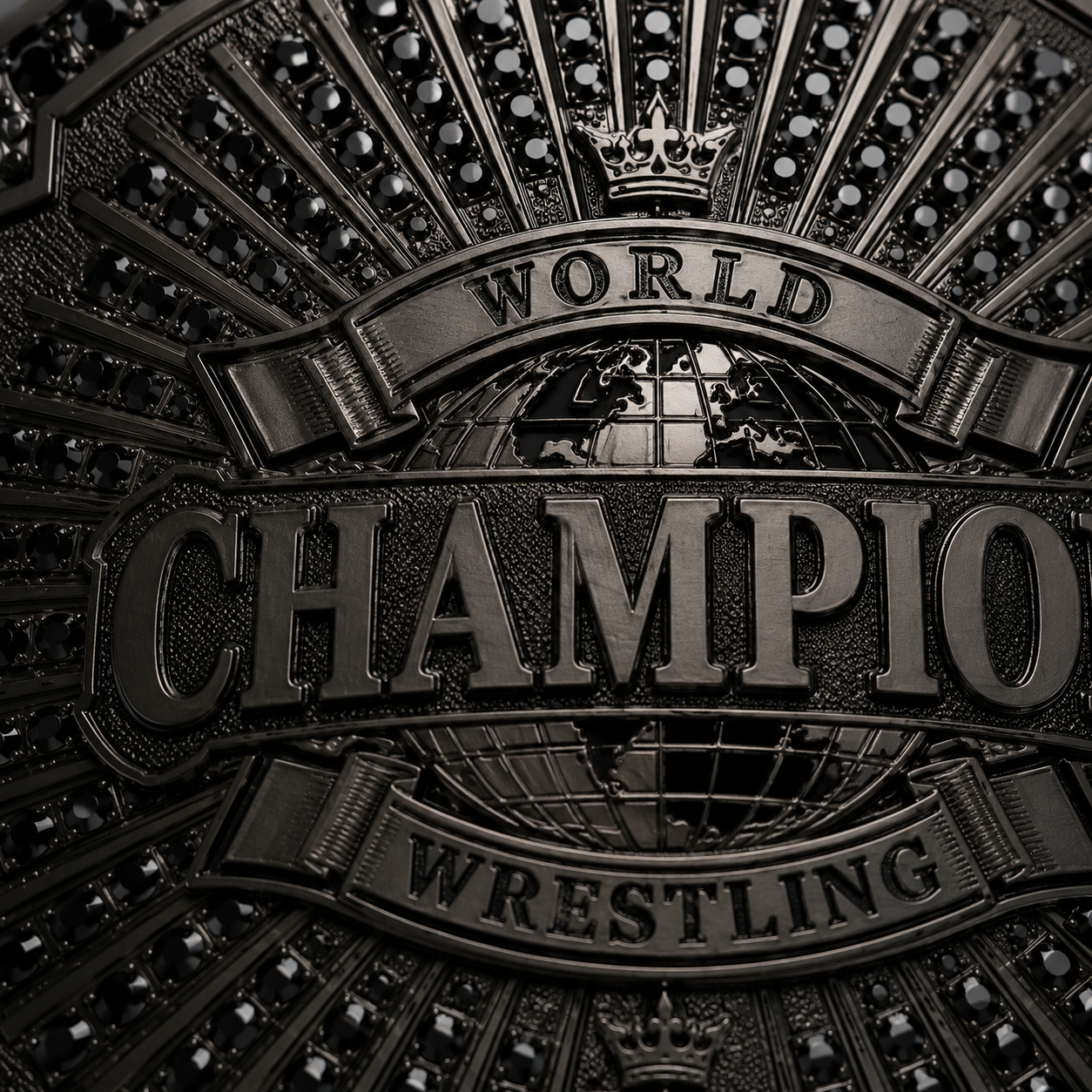 Metallic emblem with 'World Champion Wrestling' text and globe design.