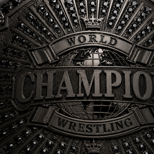 Metallic emblem with 'World Champion Wrestling' text and globe design.