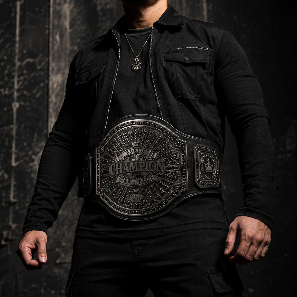 Person wearing a black championship belt against a dark background