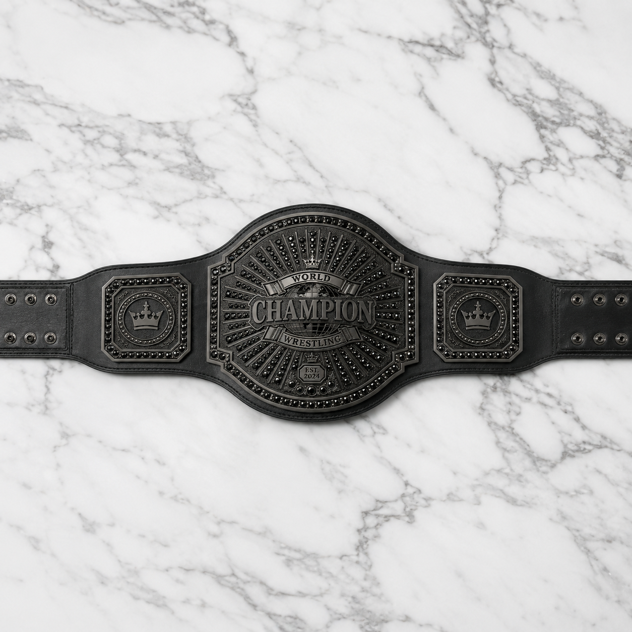 Black championship belt on a marble background