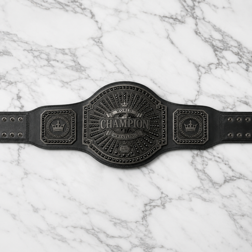 Black championship belt on a marble background