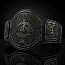 Black championship belt with detailed design on a black background