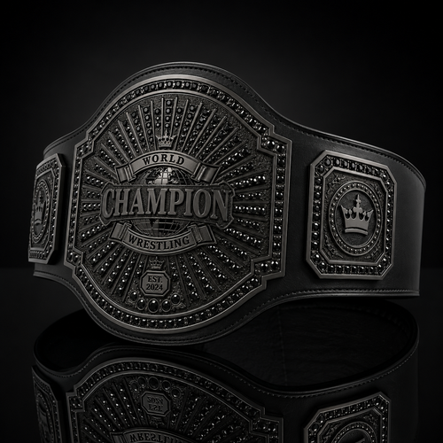 Black championship belt with detailed design on a black background