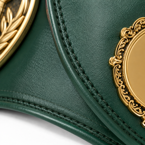 Green leather product with gold decorative elements on a white background