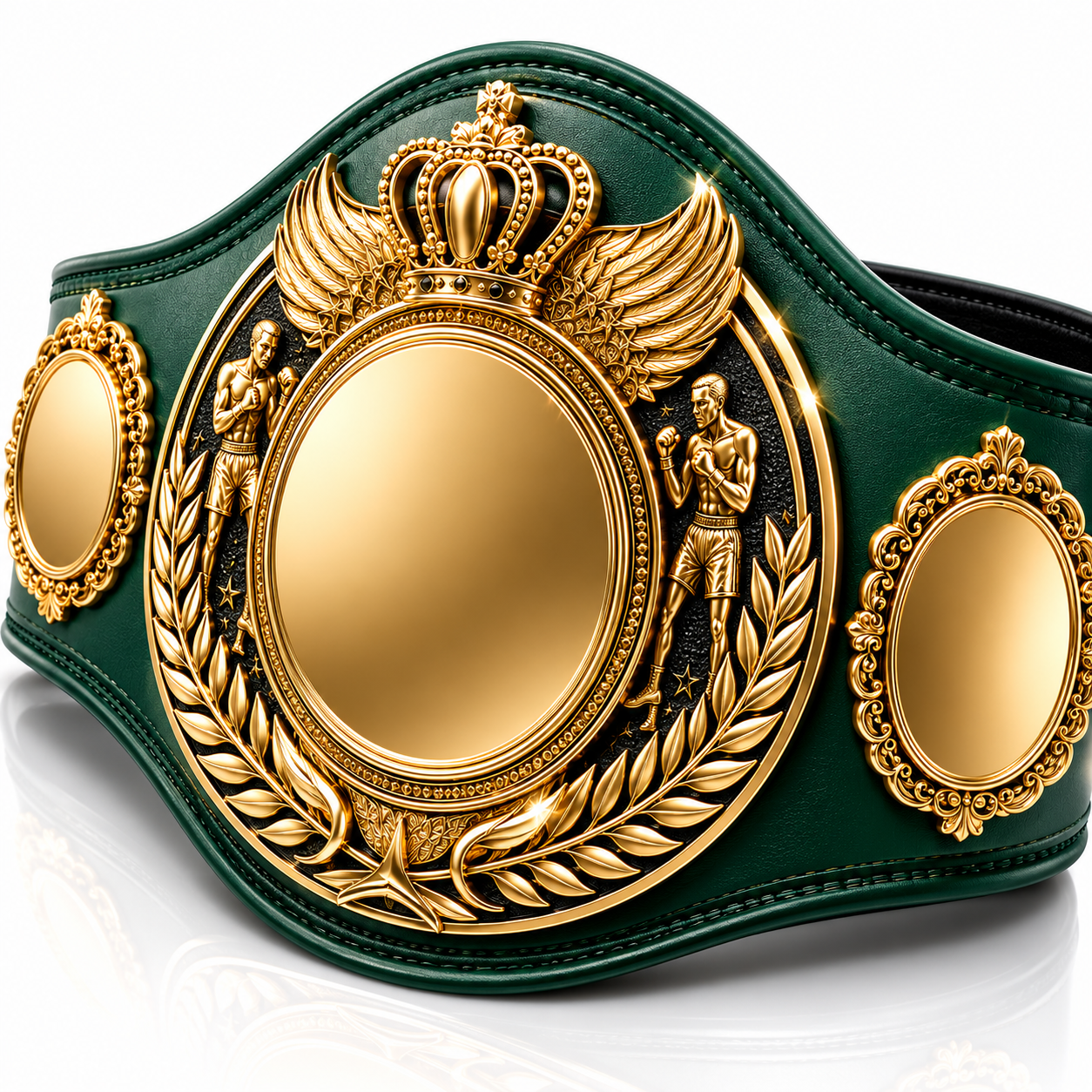 Green championship belt with gold medallion and decorative elements on a white background