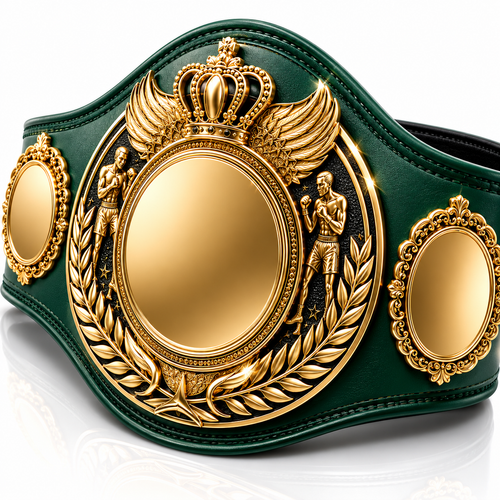 Green championship belt with gold medallion and decorative elements on a white background