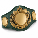 Green championship belt with gold medallion and boxing figures on a white background