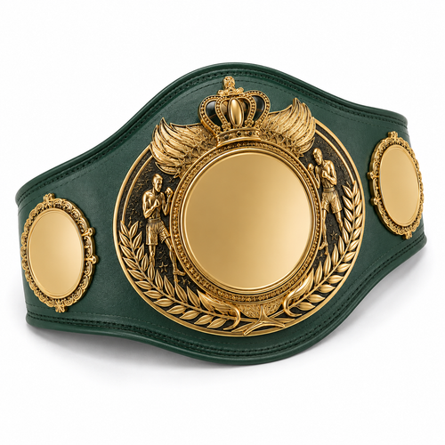 Green championship belt with gold medallion and boxing figures on a white background