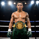 Boxer in a boxing ring wearing a championship belt