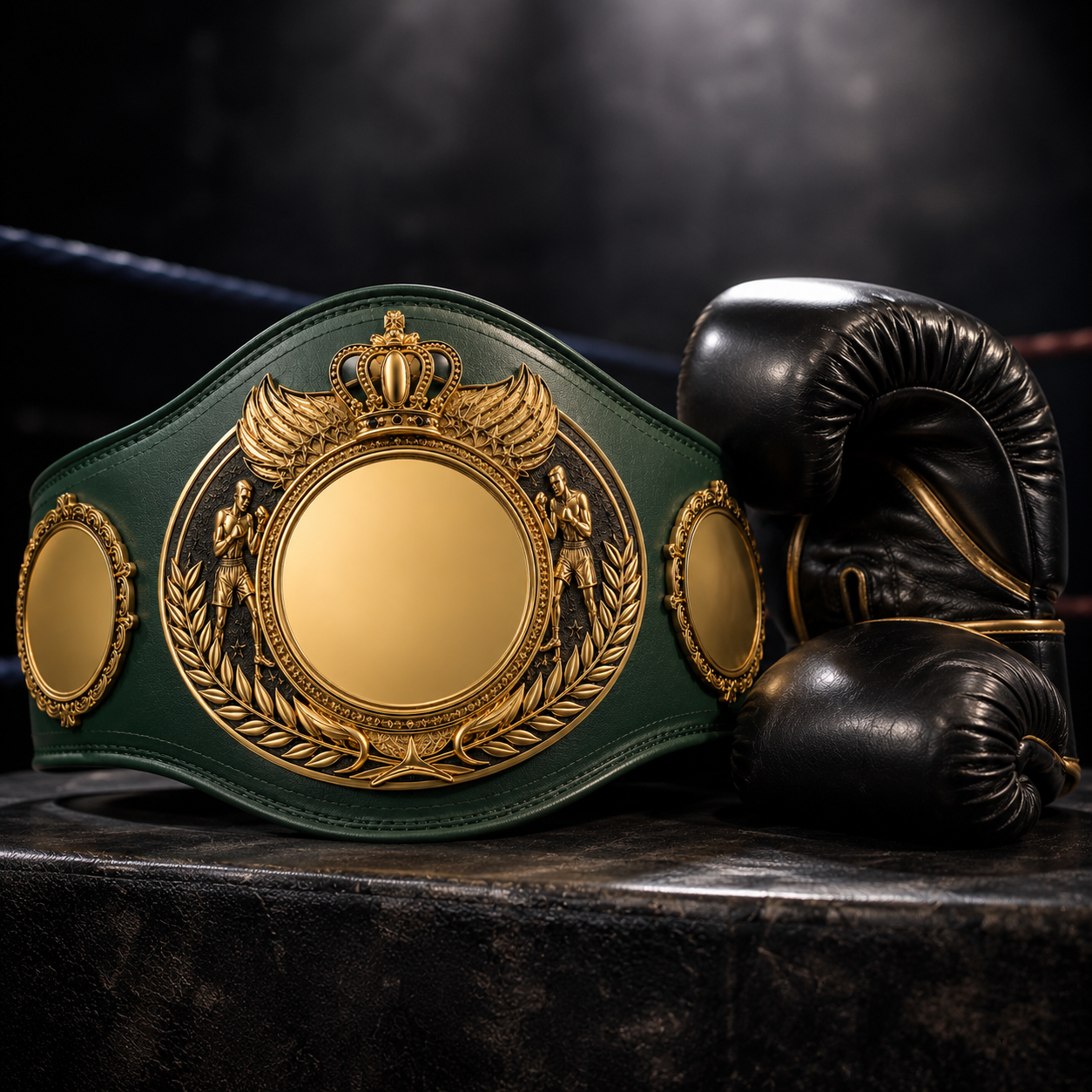 Boxing championship belt and gloves on a dark background