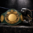 Boxing championship belt and gloves on a dark background