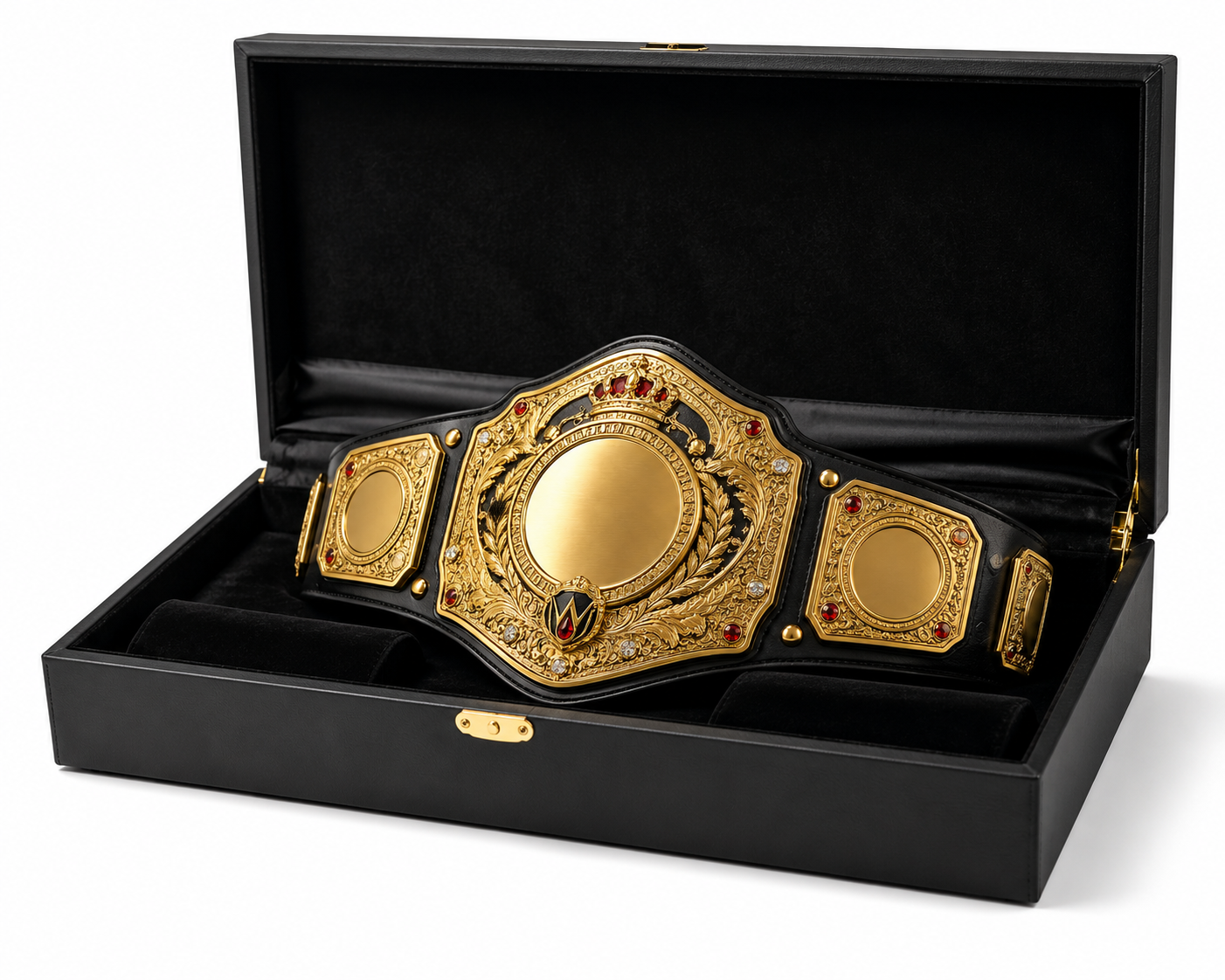 Gold championship belt in a black display box on a white background