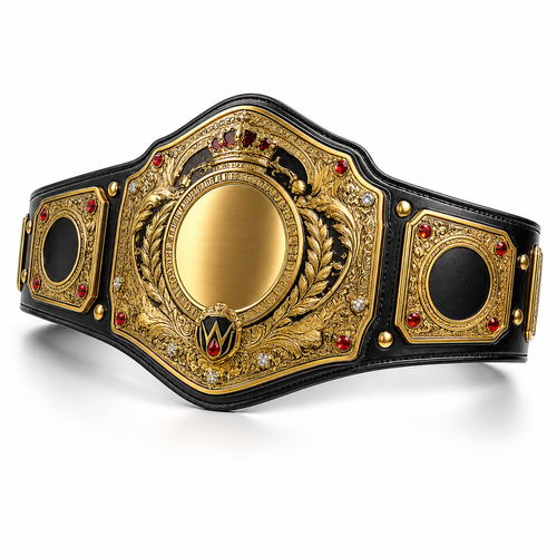 Decorative championship belt with gold and black design on a white background