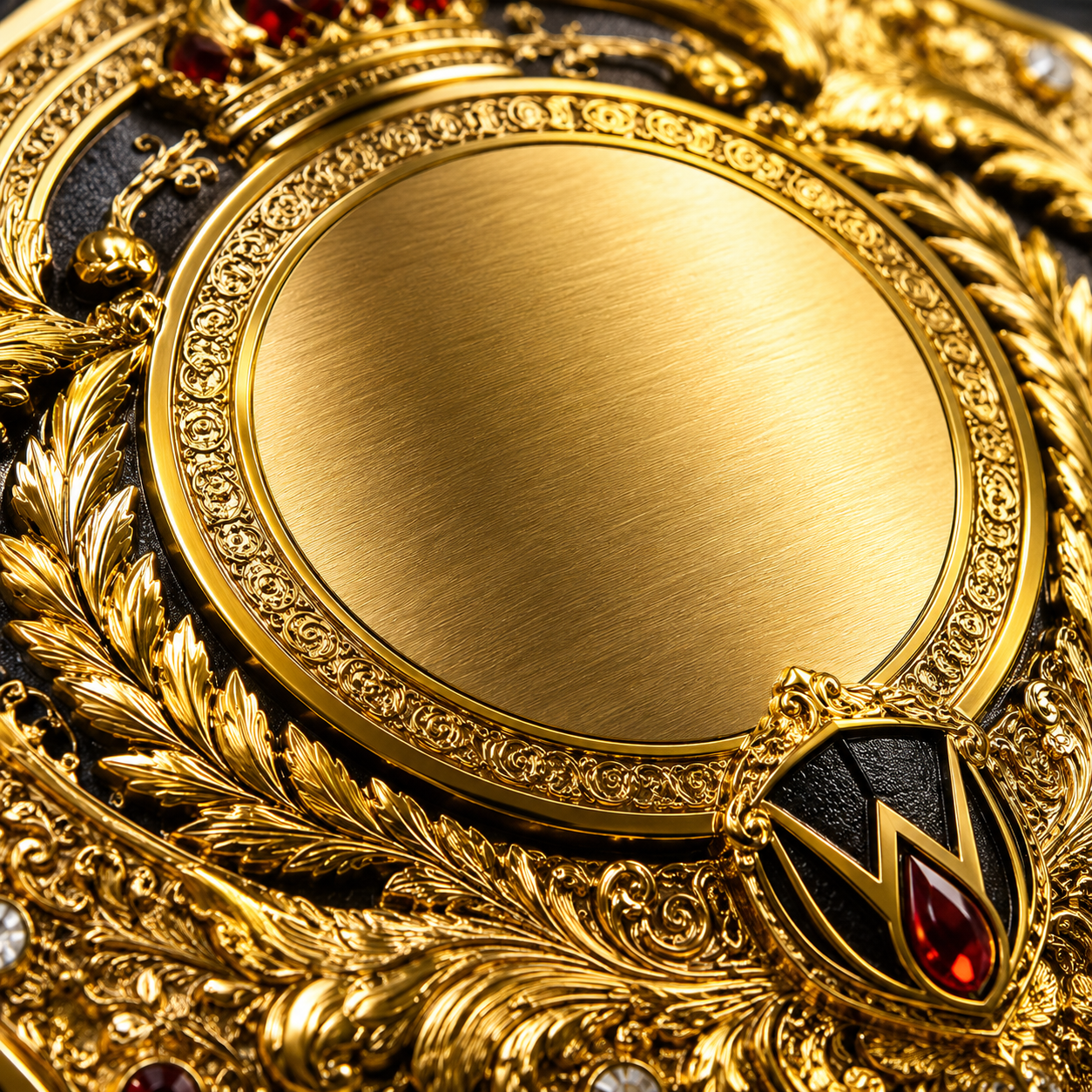 Gold ornate object with a central circular design and decorative elements.