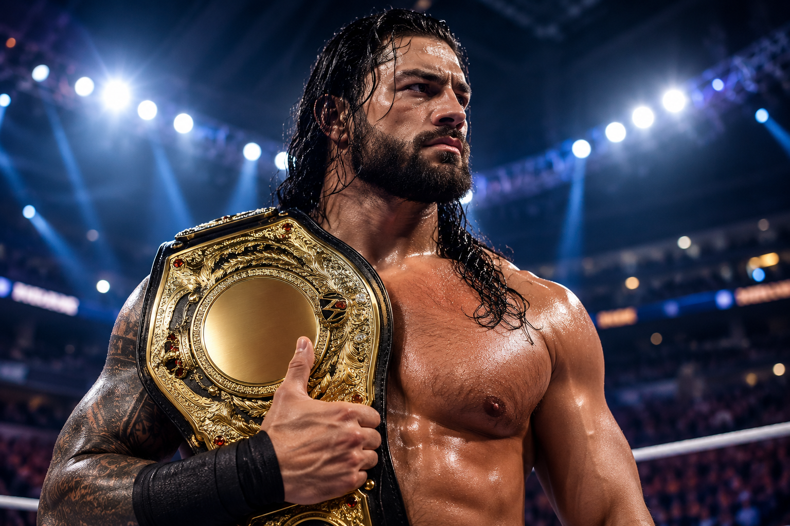Wrestler holding a championship belt in a wrestling ring with lights in the background