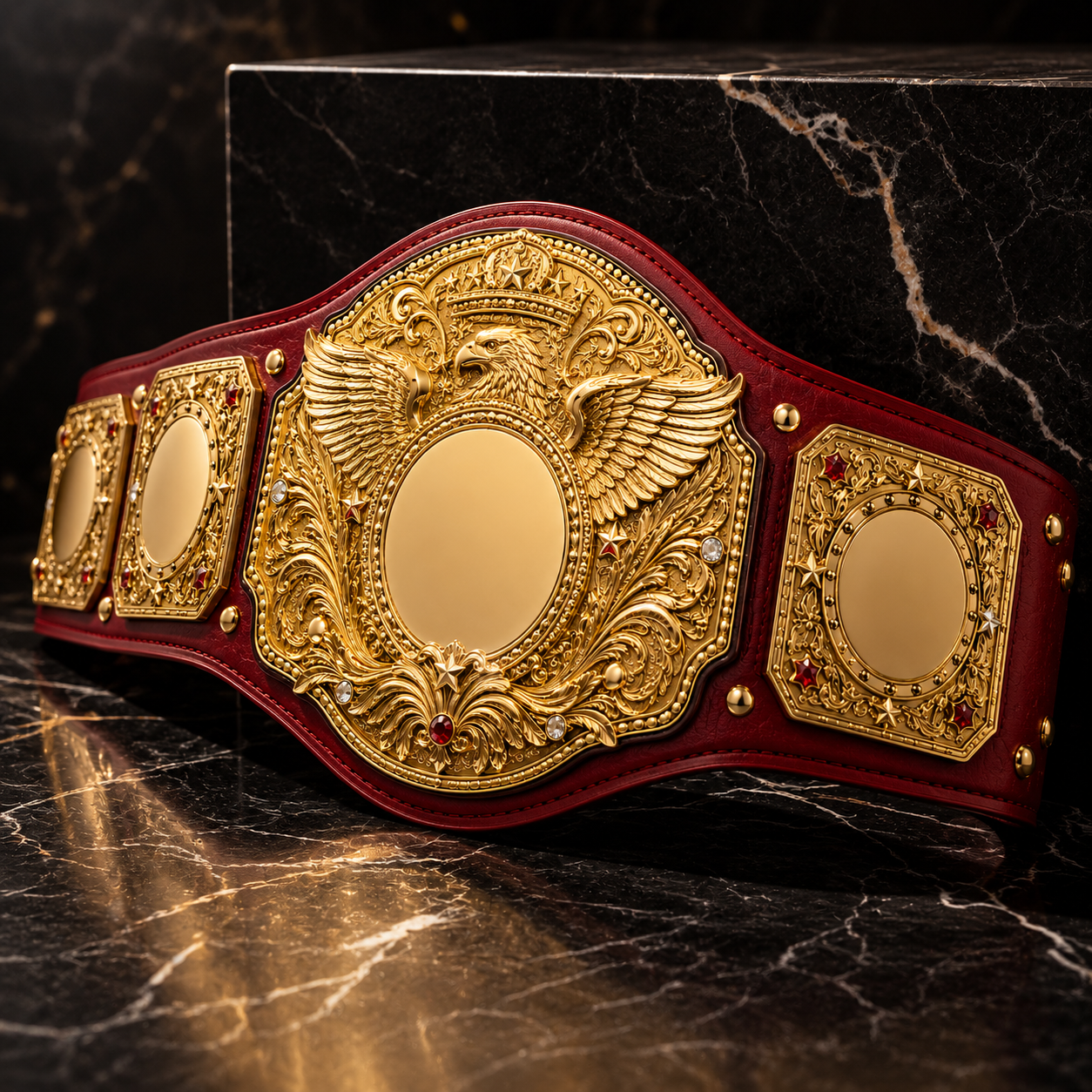 Gold championship belt with red leather straps on a marble surface