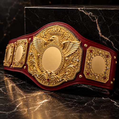 Gold championship belt with red leather straps on a marble surface