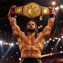 Wrestler holding a championship belt in a wrestling ring with lights and crowd in the background