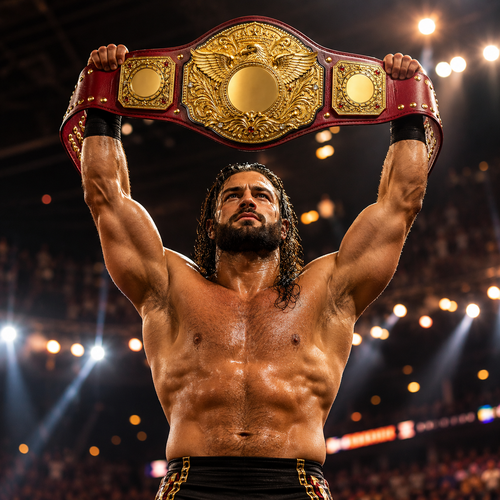 Wrestler holding a championship belt in a wrestling ring with lights and crowd in the background