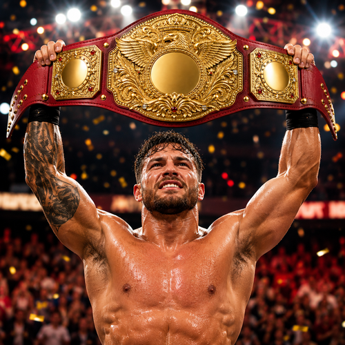 Athlete holding a championship belt in a stadium setting