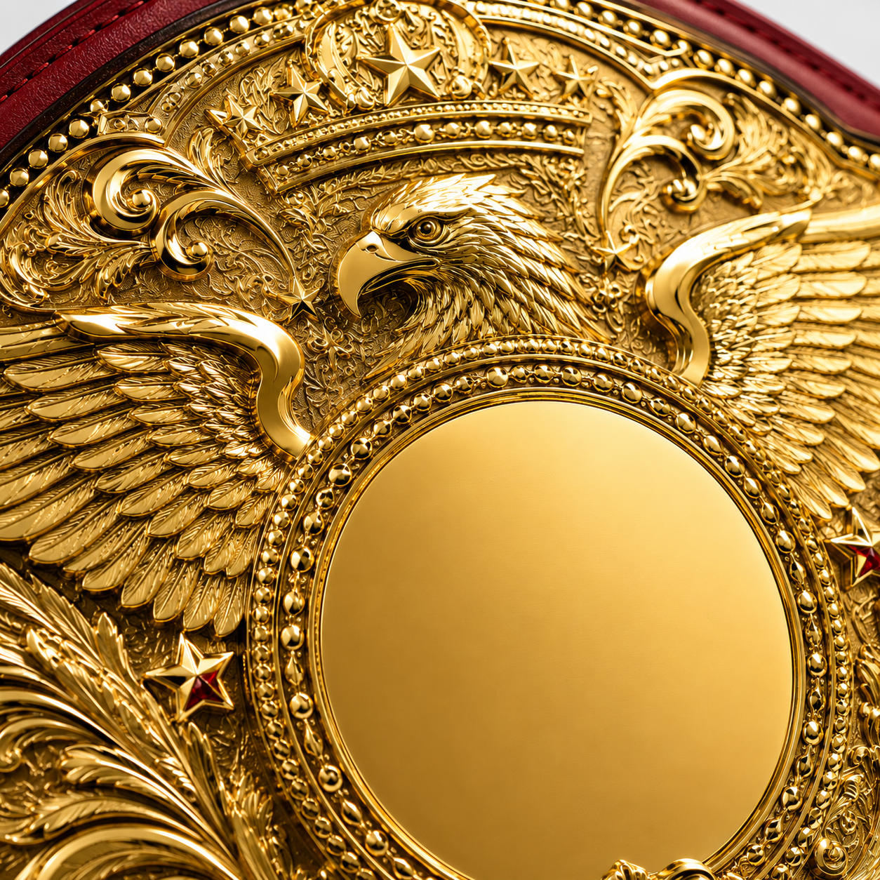 Gold coin with an eagle design on a red background