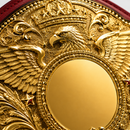 Gold coin with an eagle design on a red background