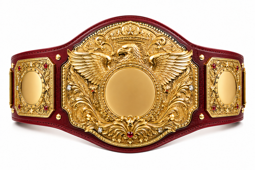 Gold championship belt with an eagle design on a white background