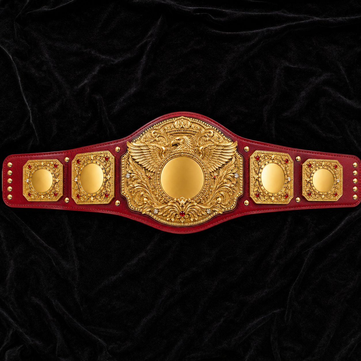 Gold championship belt with red leather straps on a black velvet background