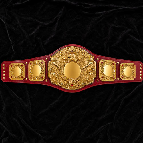 Gold championship belt with red leather straps on a black velvet background