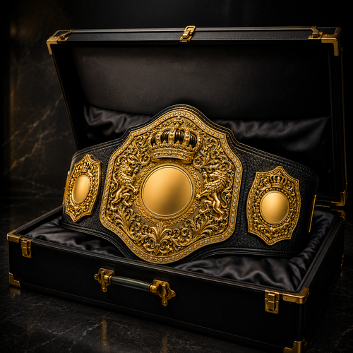 Gold championship belt in a black leather case on a dark background