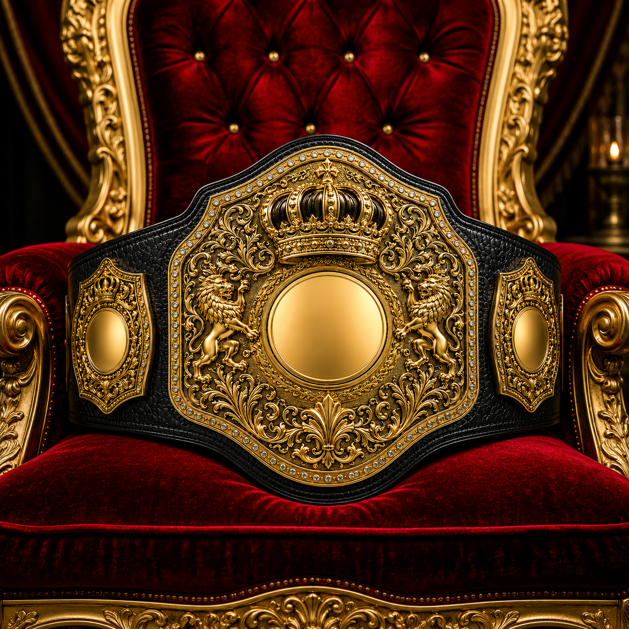 Decorative belt with intricate designs on a red and gold throne-like chair.