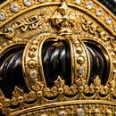 Close-up of an ornate gold and black crown with intricate designs and gemstones.