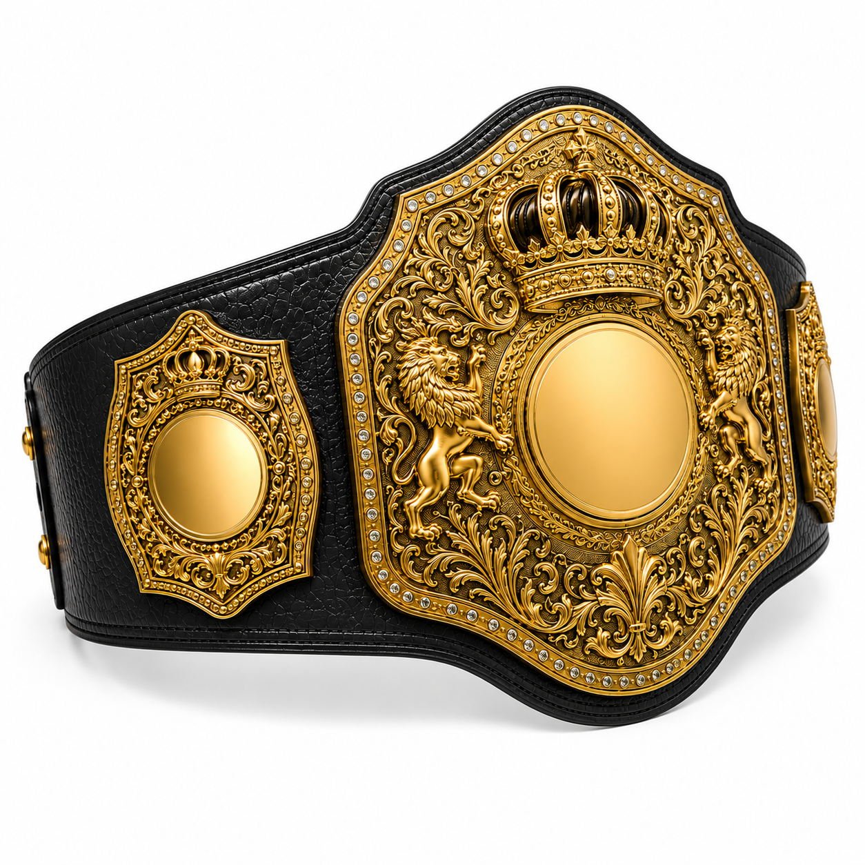 Decorative belt with gold and black design on a white background
