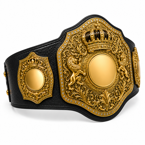 Decorative belt with gold and black design on a white background