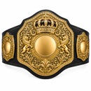 Decorative championship belt with gold and black design on a white background