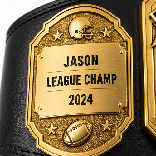A close-up of a black leather championship belt with a large gold-tone metal plaque engraved with 'JASON LEAGUE CHAMP 2024', featuring a football helmet and football details.
